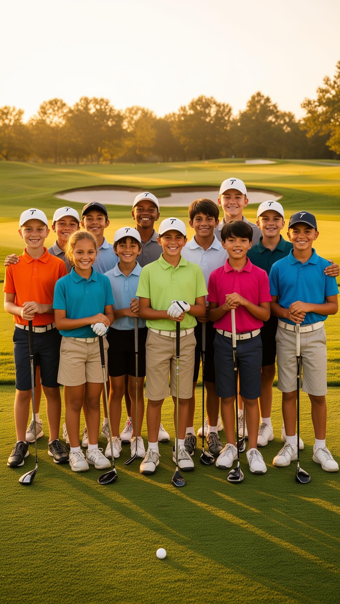 Group of junior boys and girls golfers on the course with clubs